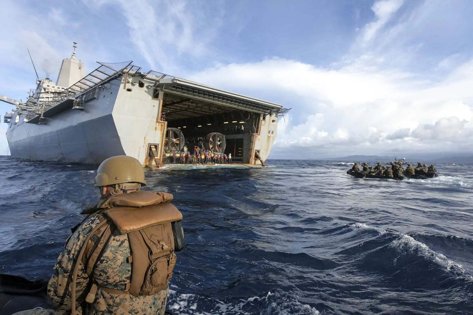 CLAVERIA, Philippines (Oct. 3, 2022) U.S. Marines with Battalion Landing Team 2/5, 31st Marine Expeditionary Unit, return to the amphibious transport dock USS New Orleans (LPD 18) after a simulated raid off the coast of Claveria, Philippines, Oct. 3, 2022. The training was a part of KAMANDAG 6 to reinforce tactics and techniques between the different forces. KAMANDAG is an annual bilateral exercise between the Armed Forces of the Philippines and U.S. military designed to strengthen interoperability, capabilities, trust, and cooperation built over decades shared experiences. (U.S. Marine Corps photo by Sgt. Danny Gonzalez)