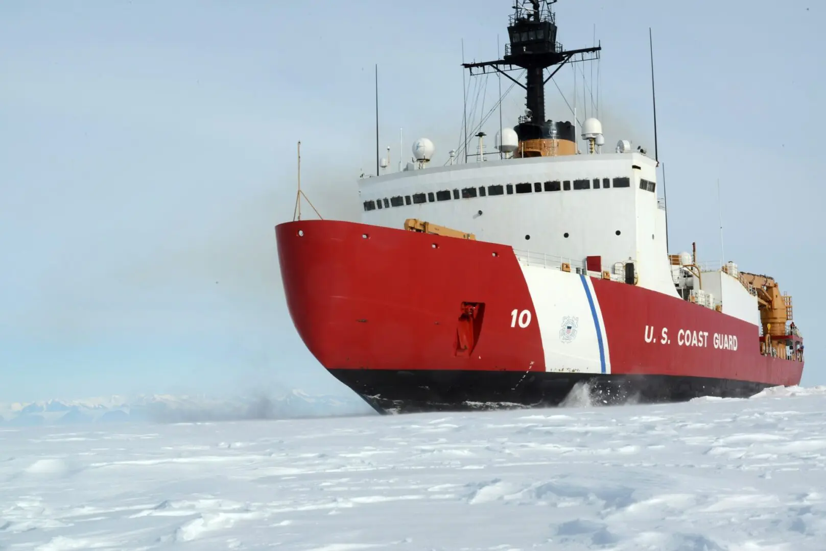 The Coast Guard Cutter Polar Star, with 75,000 horsepower and its 13,500-ton weight, is guided by its crew to break through Antarctic ice en route to the National Science Foundation's McMurdo Station, Jan. 15, 2017. The ship, which was designed more than 40 years ago, remains the world's most powerful non-nuclear icebreaker. (U.S. Coast Guard photo by Chief Petty Officer David Mosley)